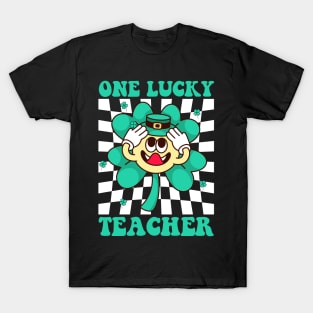 One Lucky Teacher Smile Face Retro Groovy St Patricks Day T-Shirt